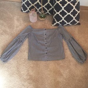 Express XS puffy sleeve striped off shoulder top